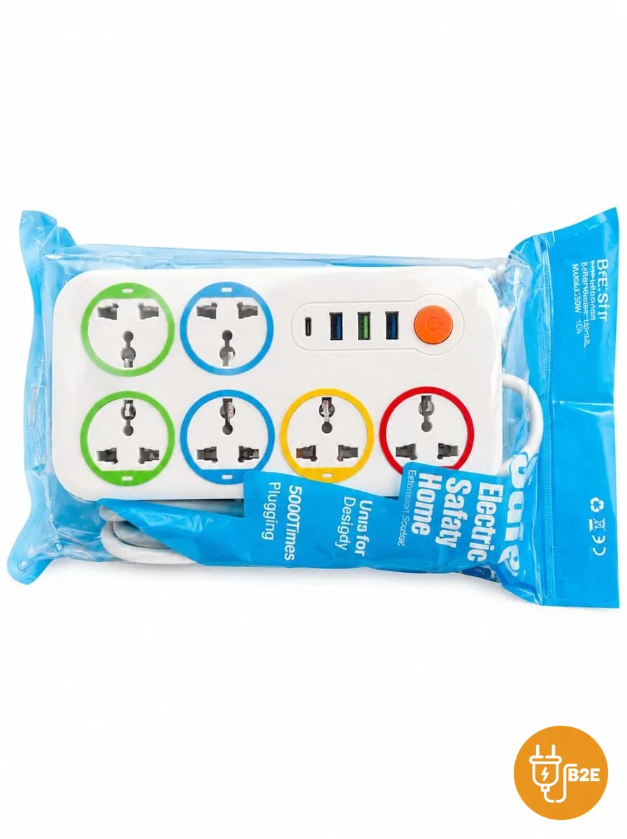 Safer 6-Way Extension with 3 USB — Blue