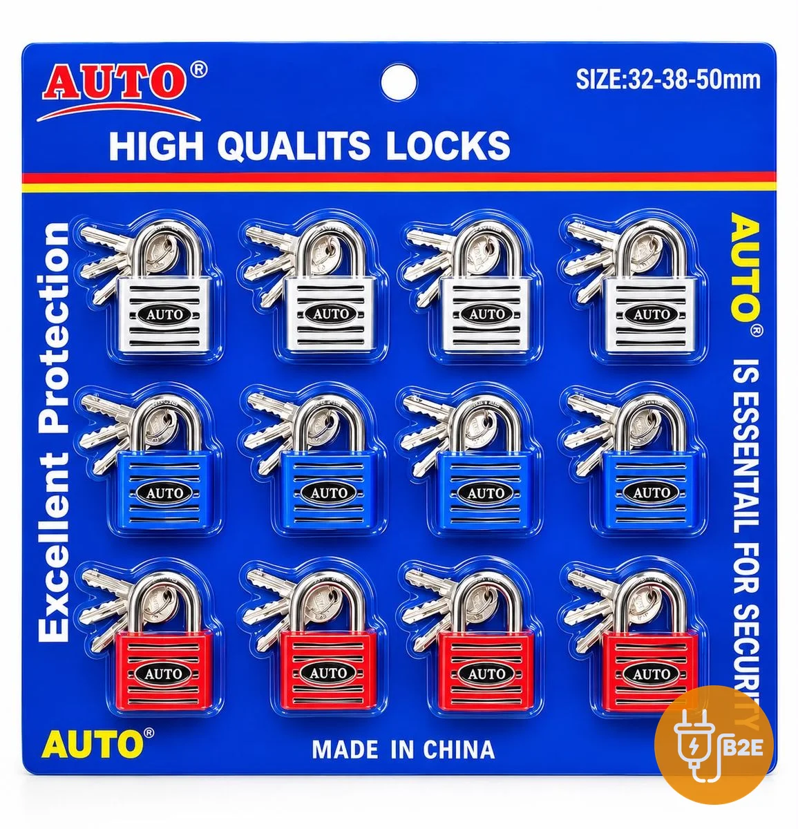 Auto Padlocks — Card of 12 (32/38/50mm)