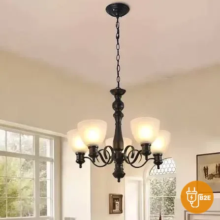 Classic 5-Arm Black Chandelier with Frosted Uplight Shades